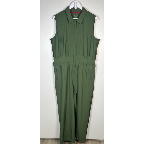 LIVI By Lane Bryant Plus Size 18 Green Stretch Woven Zip-Up Sleeveless Jumpsuit - Picture 2 of 13